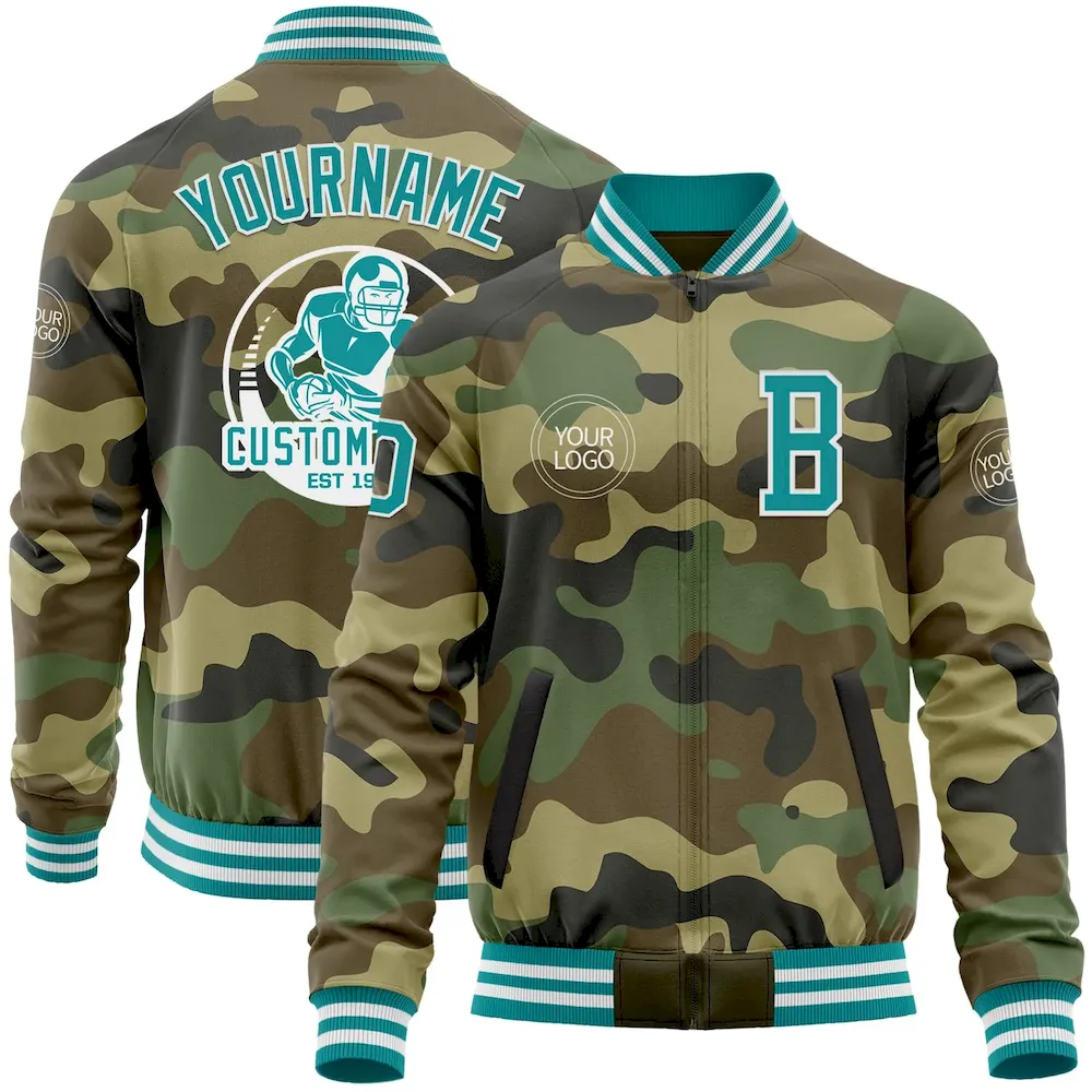 Jacket5498.webp Custom Camo Teal-White Bomber Varsity Letterman Salute To Service Zipper Jacket - Image 1