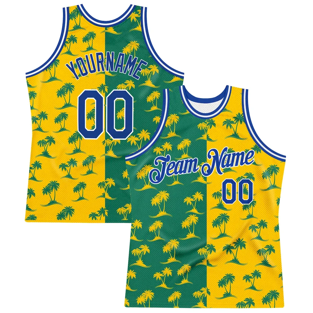 kelly_green_0212-4.webp Custom Kelly Green Royal-Gold 3D Pattern Hawaii Palm Trees Authentic Basketball Jersey - Image 1