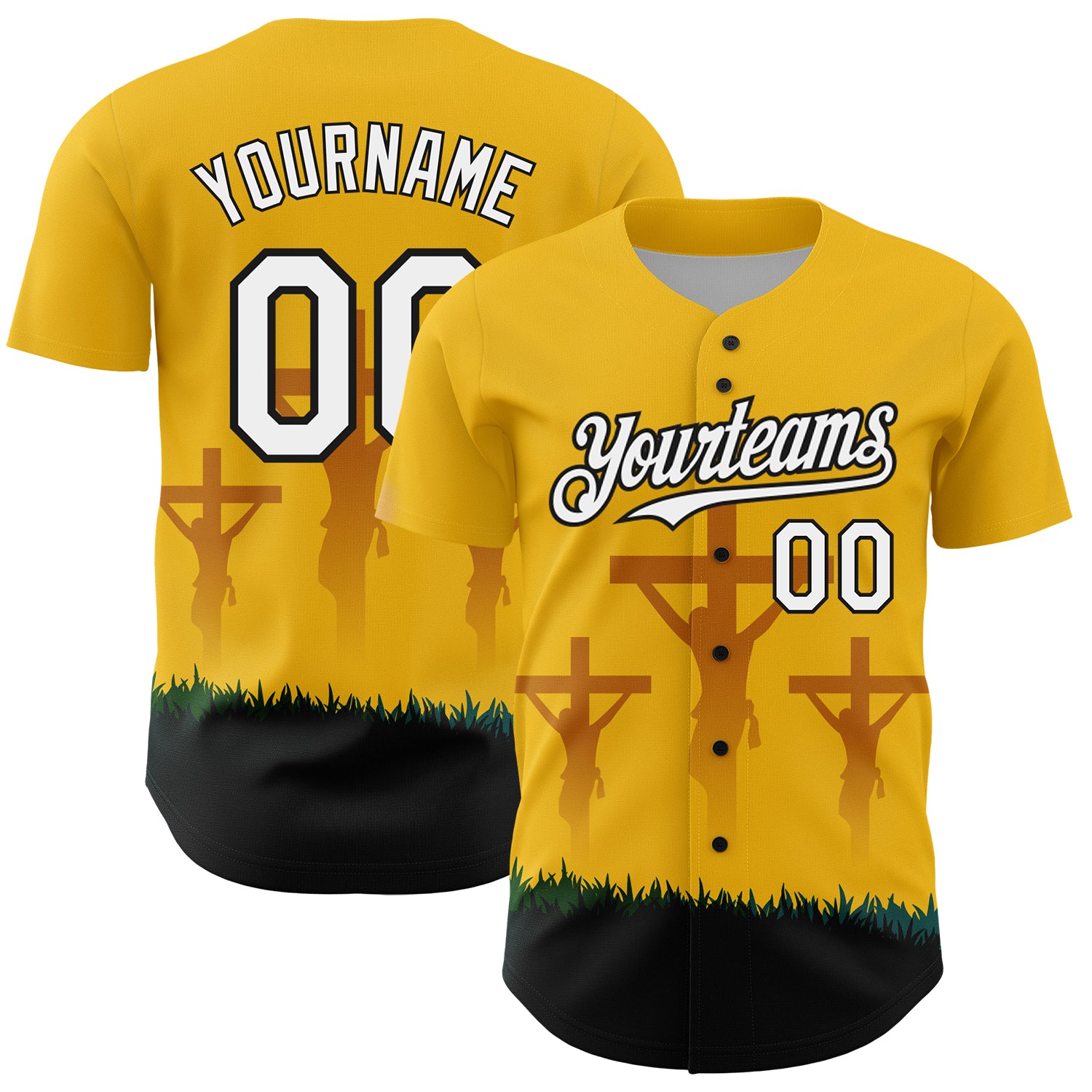 3DPattern3701_1500x.jpg Yellow White-Black 3D Pattern Design Religion Cross Jesus Christ Good Friday Authentic Baseball Jersey - Image 1