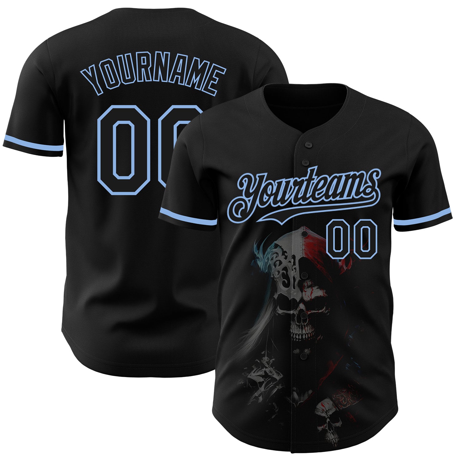 3DPattern4082_1500x.jpg Black Light Blue 3D Skull Fashion Authentic Baseball Jersey - Image 1