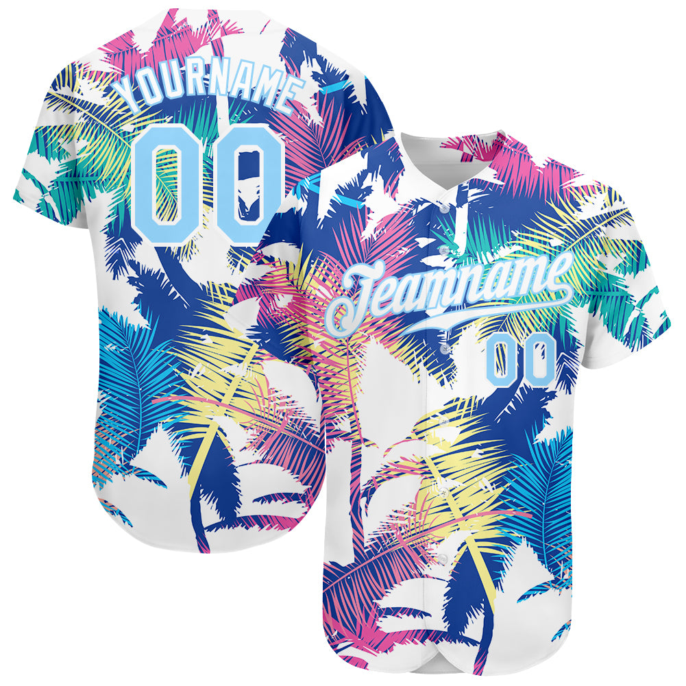 white_0826_1500x.jpg White Light Blue 3D Pattern Design Hawaii Palm Trees Authentic Baseball Jersey - Image 1